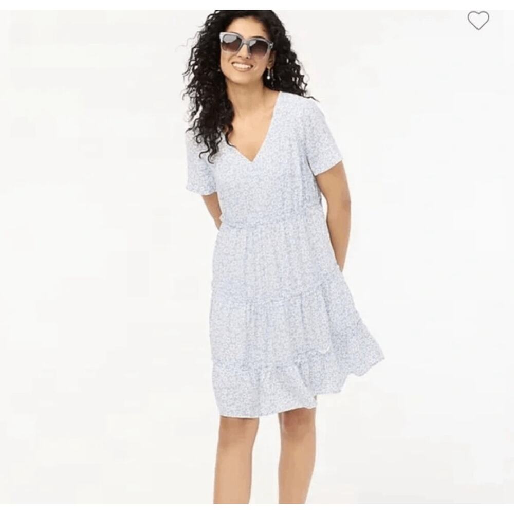 J.Crew Large V-neck Ruffle Tiered Mini Dress Blue‎ Floral Sundress Babydoll NWT